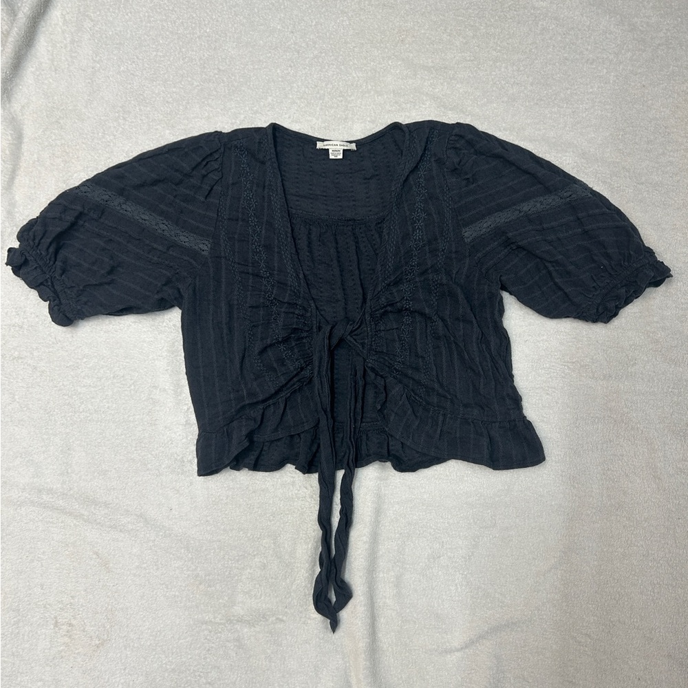 American Eagle Outfitters Black Puff Sleeve Blouse with Tie Front